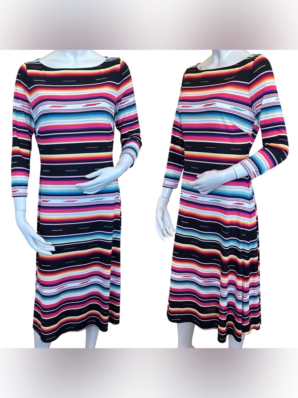 LRL Ralph Lauren Rainbow Southwestern Print Boatneck 3/4 Sleeve Modest Dress 6